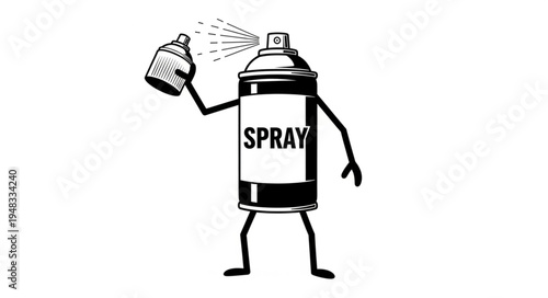 Cartoon Spray Can Character Spraying Another Can.