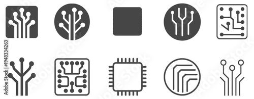 Set of circuit board and technology icons, including processors and connections