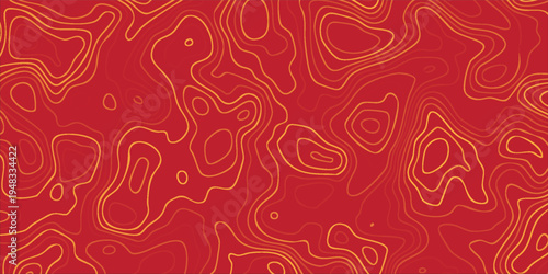 Abstract cartography line pattern, red backdrop with yellow contour elevation lines, modern topographic vector design.