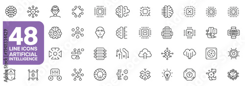 Collection of 48 line icons representing artificial intelligence and technology concepts.