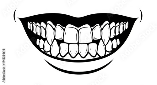 Detailed Black and White Illustration of a Wide Smile with Teeth.