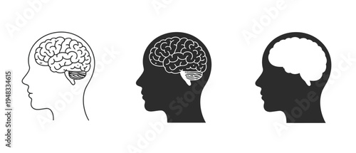 Human head profile with brain illustration in outline, silhouette, and negative space styles.