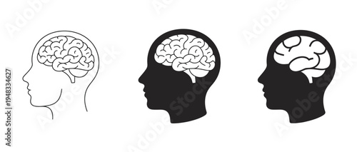 Human head profile with brain illustration in outline, silhouette, and negative space styles.