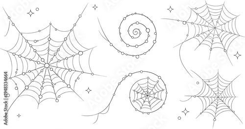 Spider Web Decorative Set with Cobweb Corners, Spiral Web Patterns and Halloween Spider Silk Elements for Gothic Ornament Illustration