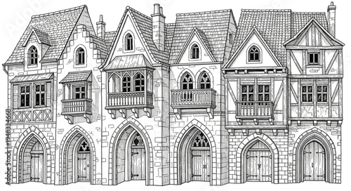 Detailed Sketch of Medieval European Town Architecture.