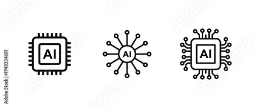 Artificial intelligence icons featuring AI chip, neural network, and processor with AI label.
