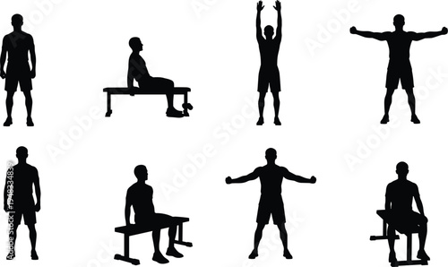 Male exercise silhouette set, gym workout poses, strength training movements, stretching and dumbbell exercises, fitness training collection, athlete workout vector illustration isolated