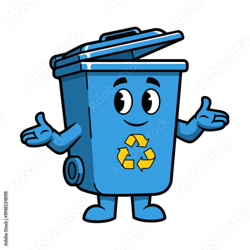 Friendly Blue Recycling Bin Cartoon Character.