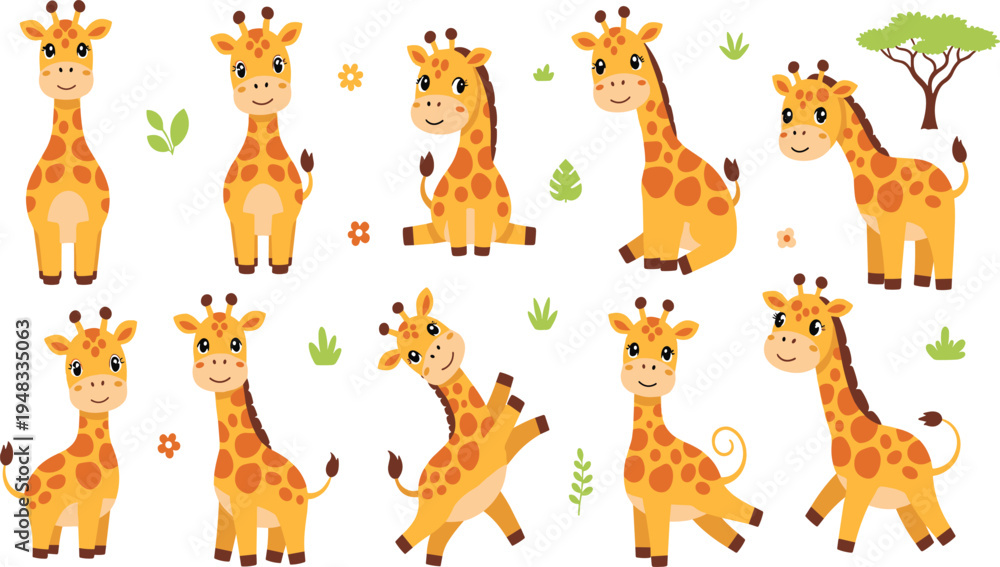 Obraz premium Cute Giraffe Vector Illustration Set Featuring Adorable African Safari Animals in Standing, Sitting, and Playful Poses for Wildlife Graphics and Kids Nursery Designs.