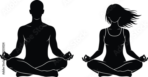 Meditating man and woman silhouettes vector, yoga lotus pose meditation figures set, mindfulness wellness relaxation concept isolated fitness illustration