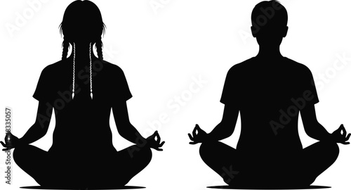 meditating people silhouette set, man and woman yoga lotus pose icons, mindfulness meditation concept, spiritual wellness lifestyle black vector illustration collection
