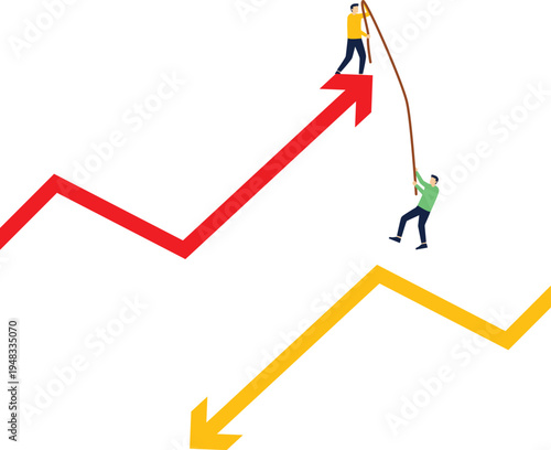 Businessman rescues partner from falling chart with lifebuoy, Decreasing income chart, business bankruptcy company startup collapse


