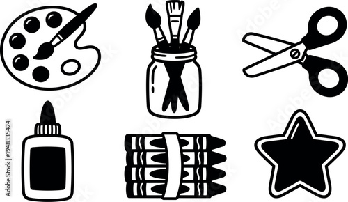 Black and white vector art set of art supplies including paint palette jar with brushes scissors glue crayons and star icon collection