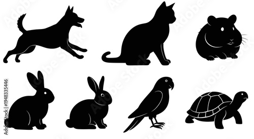 Collection of Pet Animals Black and White Silhouette Icons - Dog, Cat, Hamster, Rabbits, Parrot, Turtle