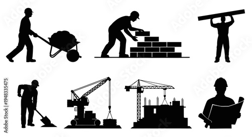 Construction Workers  Equipment Silhouette Icons - Building Industry Vector Set