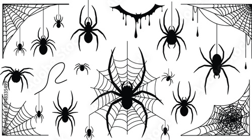 Halloween Spider and Web Silhouette Set with Creepy Hanging Spiders, Cobweb Corners and Dripping Horror Elements for Scary Decoration Design