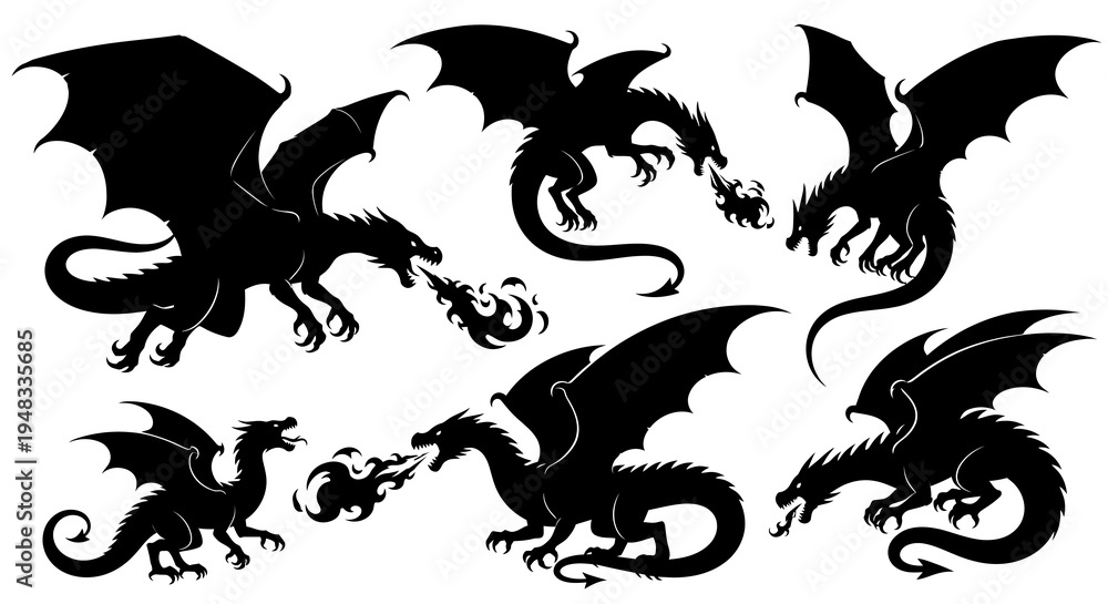Fototapeta premium Fantasy Dragons Black Silhouettes Set - Mythical Fire-Breathing Creatures Vector Art
