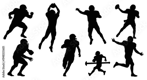 Black  White Silhouettes of American Football Players in Action Poses