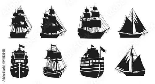 Nautical Maritime Ships and Boats Black Silhouette Glyphs Collection
