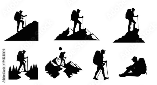 Adventure Travel and Outdoor Recreation Hiker and Mountaineer Silhouettes Set