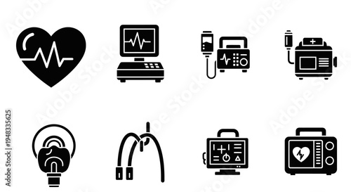 Medical Icons: Heartbeat, ECG, IV Drip, Defibrillator, Mask, Monitor