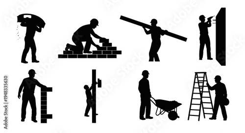 Construction Workers Building and Tools Silhouette Vector Icon Set