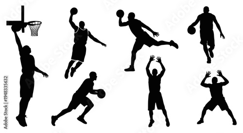 Basketball Player Silhouettes, Action Poses, Black and White Sports Vector