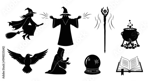 Halloween Witchcraft Magic Icons Set - Black and White Glyph Style