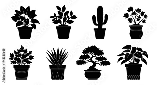 Gardening  Home Decor Potted Plants Silhouettes Set - Black  White Vector Houseplant Icons