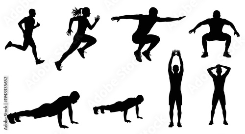 Fitness Workout Silhouettes: Running, Jumping, Squats, Push-ups, Exercise