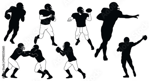 Black and White American Football Players Silhouette Vector Illustration Set