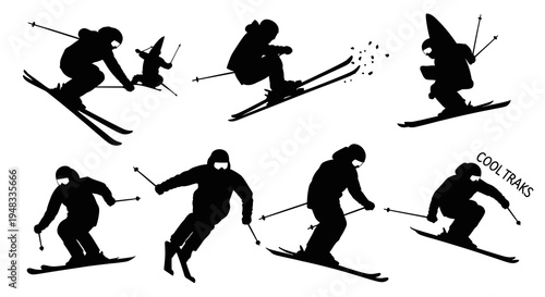 Winter Sports Skiers Silhouette Vector Set: Dynamic Skiing Poses and Action