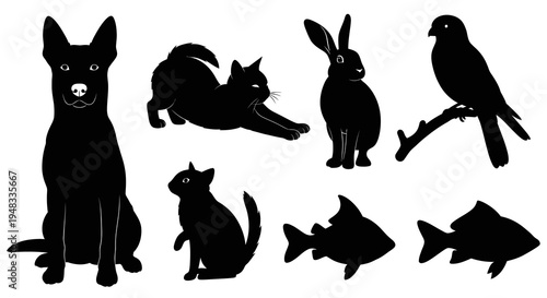 Black Silhouette Animals Dog Cat Rabbit Bird Fish Vector Icon Set