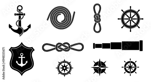Nautical Marine Sailing Elements - Black Silhouette Glyph Icons Set