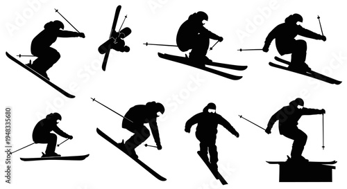 Dynamic Skiers Silhouettes Collection: Winter Sports Athletes in Various Poses Vector Art