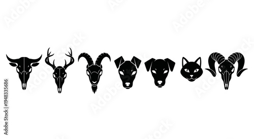 Graphic Design Black  White Animal Heads and Skulls Vector Icons Set