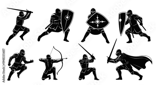Knights in Battle Poses: Medieval Warriors Sword Shield Archer Glyph
