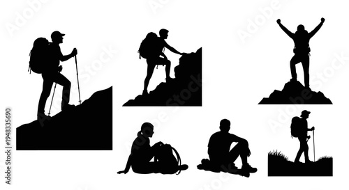 Adventure Outdoor Hikers and Mountaineers Silhouette Vector Set Climbing Mountains