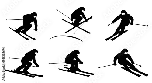 Dynamic Skiers Silhouettes Vector Set - Winter Sports  Outdoor Activity Graphics