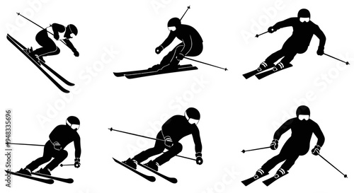 Skiing Silhouettes: Action Poses of Athletes on White Background