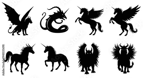 Mythical Creatures Silhouettes Vector Set for Fantasy Graphic Design and Medieval Themes