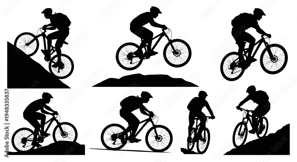 Obraz premium Silhouettes of Mountain Bikers Riding Downhill