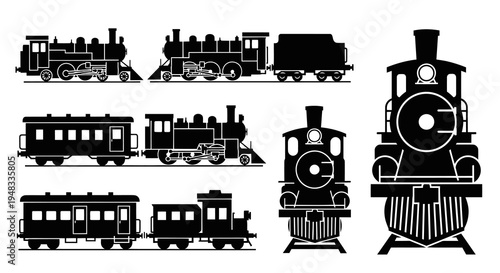 Black  White Silhouette Vintage Train Icons Set, Transportation