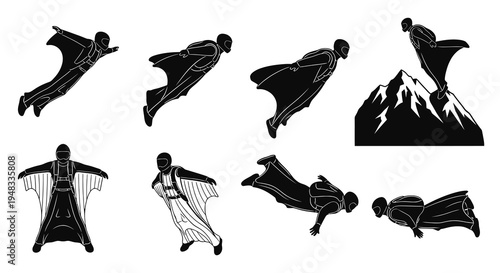Black  White Wingsuit Flying Silhouettes for Extreme Sports Vector Art
