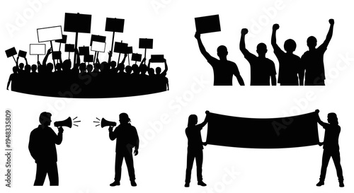 Silhouette protest crowd with banners, megaphones, raised fists, black and white