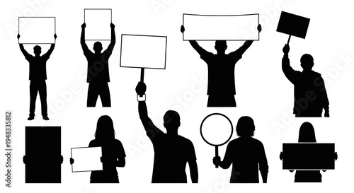 Silhouette protest group holding signs, vector illustration