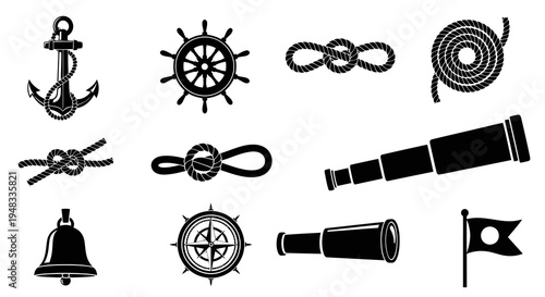 Nautical Icons: Anchor, Ship Wheel, Telescope, Compass, Bell, Rope Knots, Flag - Black  White Vector