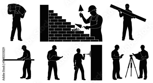 Construction worker silhouettes, builders, bricklayer, architect with blueprints, surveyor