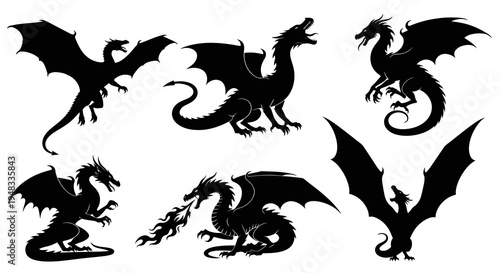 Black Dragon Silhouettes Set, Fantasy Creature Vector Art