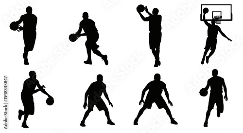 Basketball Players Silhouettes Dribbling, Shooting, Dunking - Vector Art